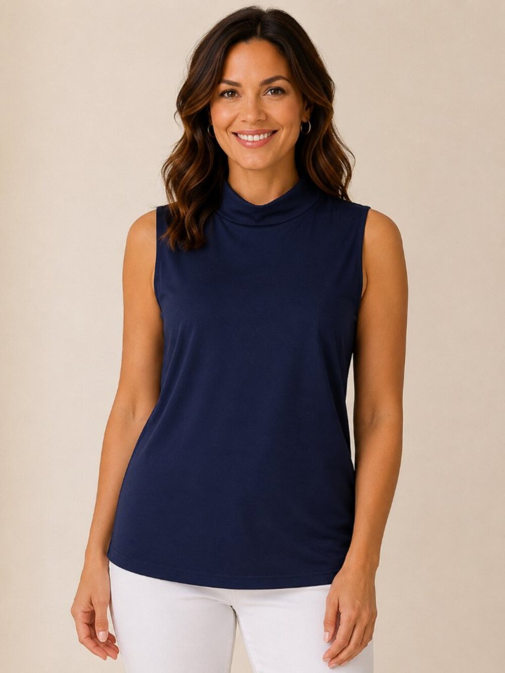 Susan Graver Navy Mock Neck Top Sleeveless Stretch Knit Classic minimalist chic